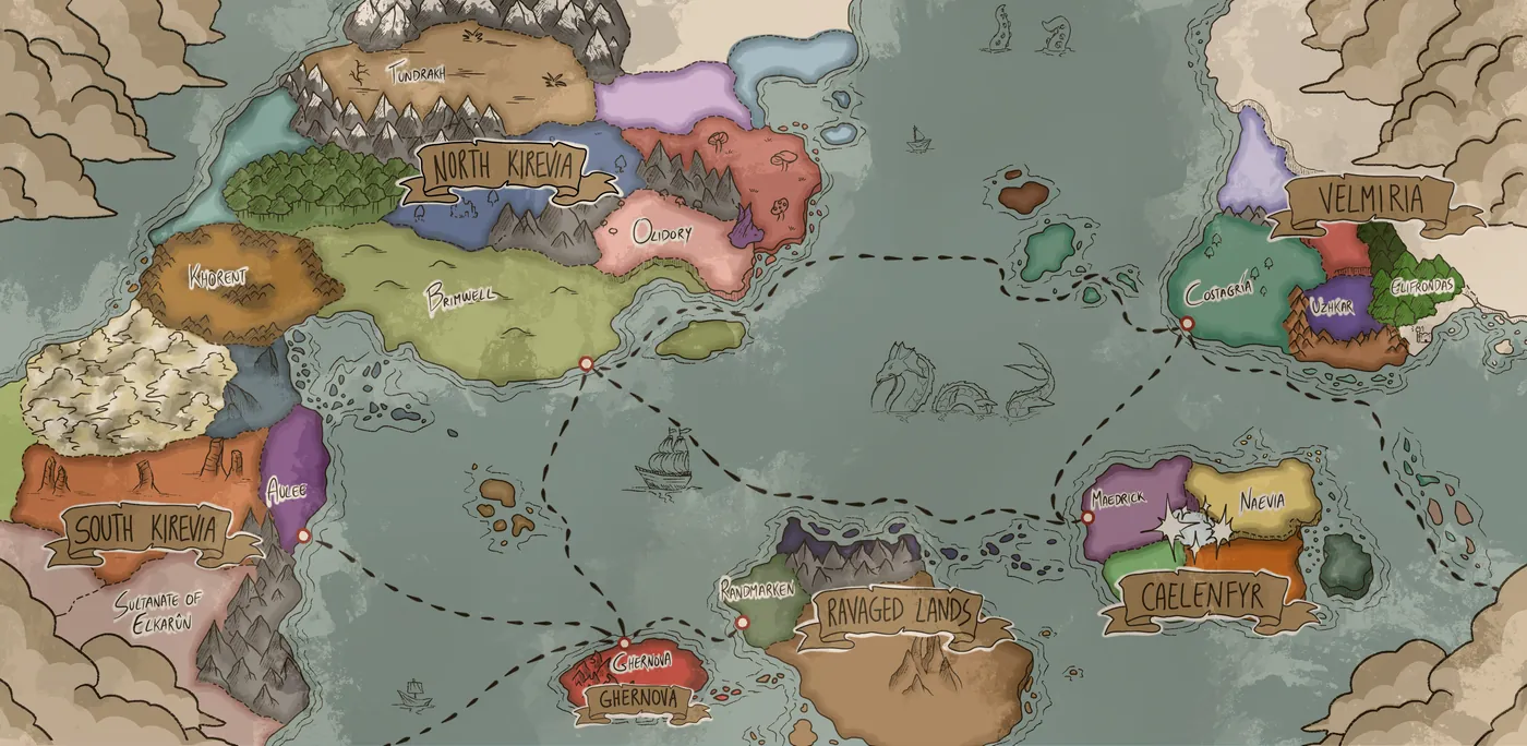 Mappa disegnata a mano di Terias: North Kirevia, Brimwell, Gherndva, le Ravaged Lands e rotte tratteggiate sul mare